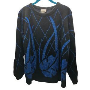 Ellen-D Kollection Black & Blue Knit Sweater, Vintage Winter Sweater for Women